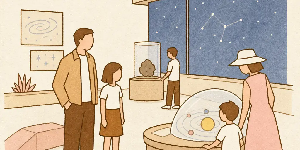 Illustration of homeschool families on a tour of a dark sky discovery center: a child touches a meteorite exhibit, another looks into a planetarium model, with a starry window behind