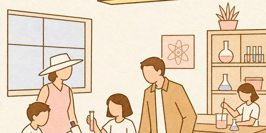 Illustration of a homeschool co-op science class: families doing experiments together around a wooden table
