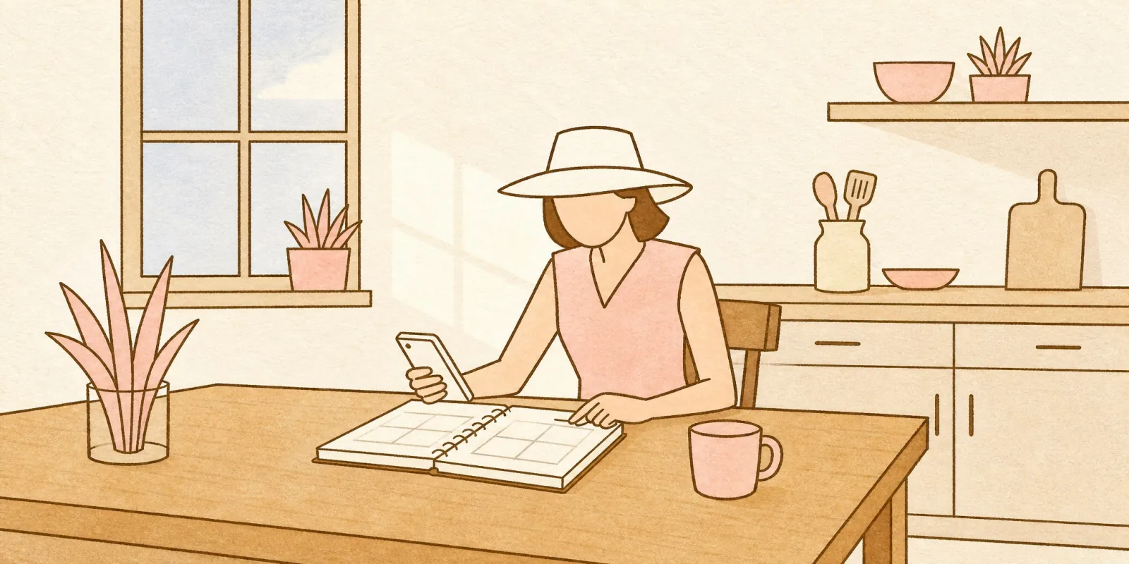Illustration of a homeschool mom at a kitchen table, planning a park day with her planner and phone in warm morning light