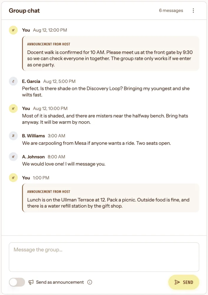 Assembly's event group chat: two announcements from the host about the docent walk and lunch, with guests replying about shade on the trail and offering a carpool