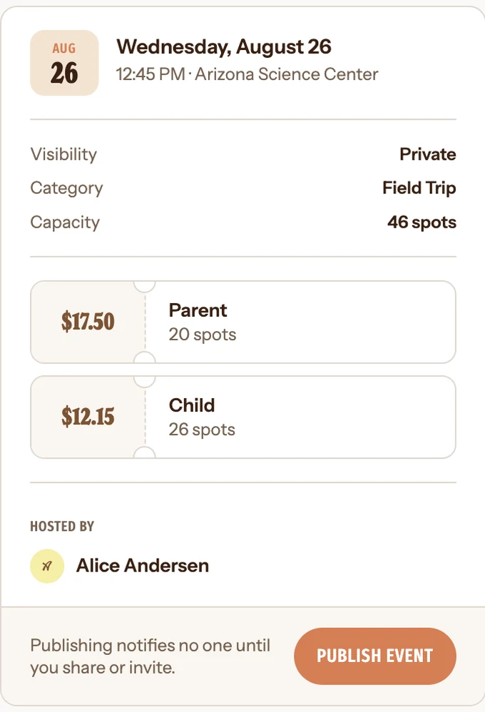 Assembly's review and publish screen for a field trip on Wednesday, August 26 at the Arizona Science Center, with two spot types: a parent spot at $17.50 and a child spot at $12.15