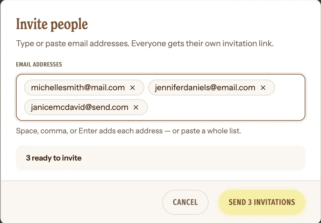 Assembly's invite dialog with three email addresses entered as chips, a note that 3 are ready to invite, and a Send 3 invitations button
