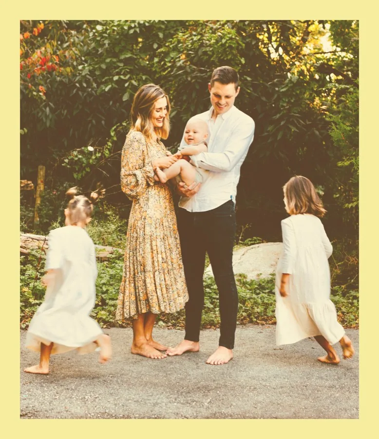 The Good family, the homeschooling family behind Assembly, laughing together outdoors